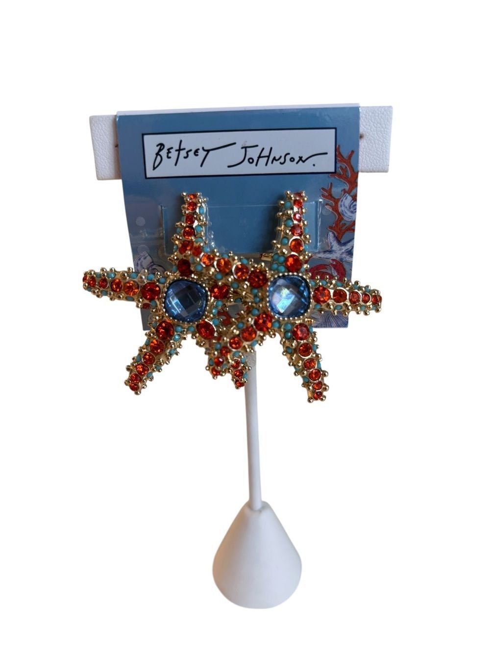 Betsey Johnson Gold Tone Starfish Earrings w/ Turquoise & Orange Crystals.